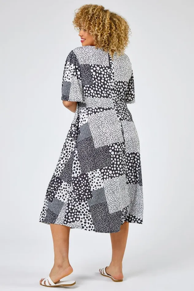 Black Curve Abstract Spot Print Midi Dress Women Roman Dresses