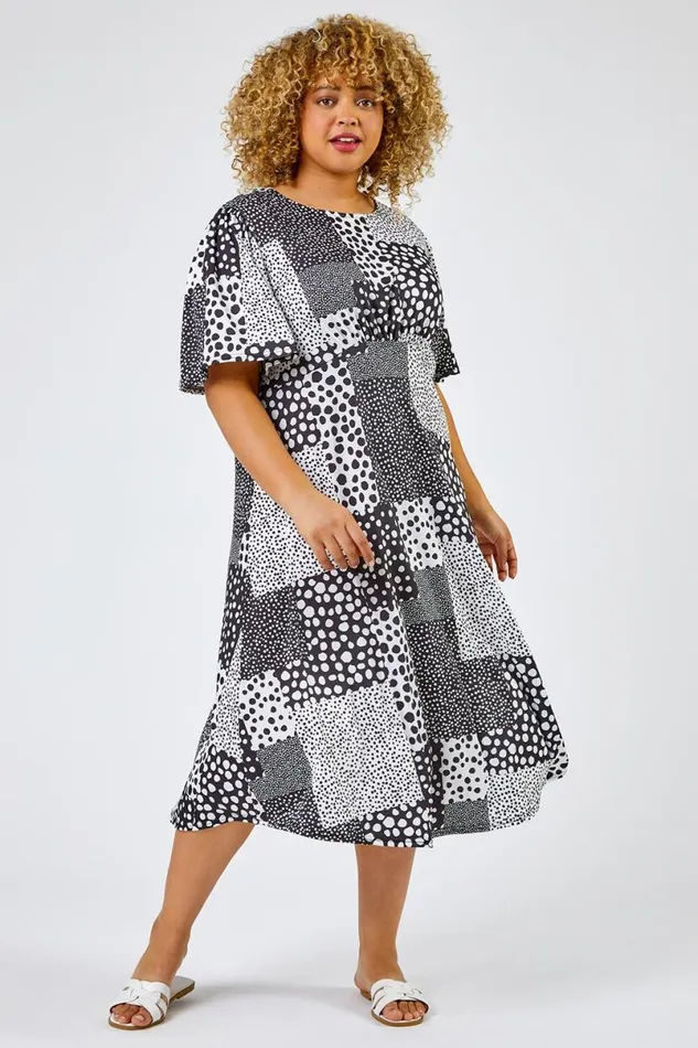 Black Curve Abstract Spot Print Midi Dress Women Roman Dresses