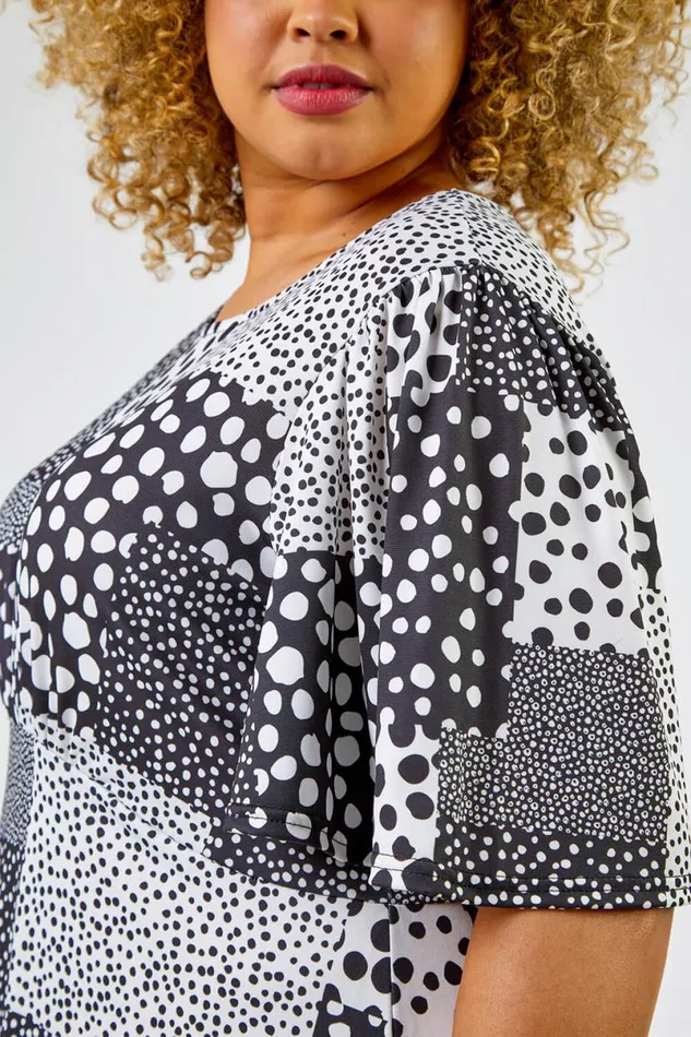 Black Curve Abstract Spot Print Midi Dress Women Roman Dresses