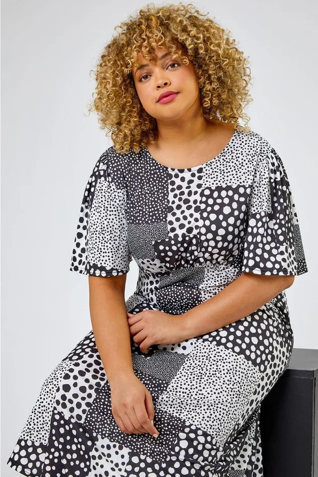 Black Curve Abstract Spot Print Midi Dress Women Roman Dresses