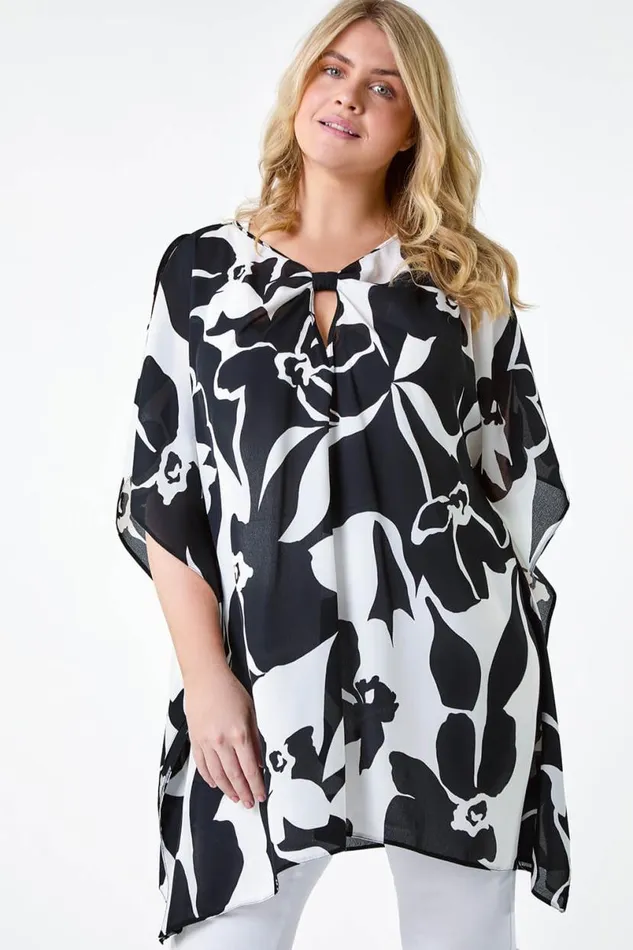Black Curve Abstract Twist Detail Keyhole Top Women Roman Tops