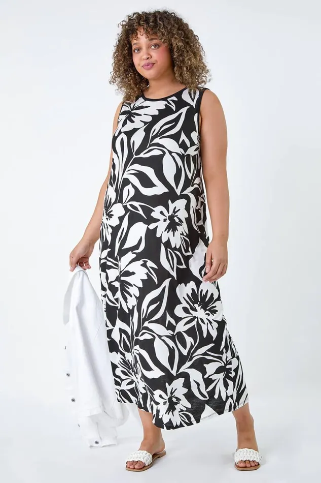 Black Curve Floral Print Stretch Maxi Dress Women Roman Dresses