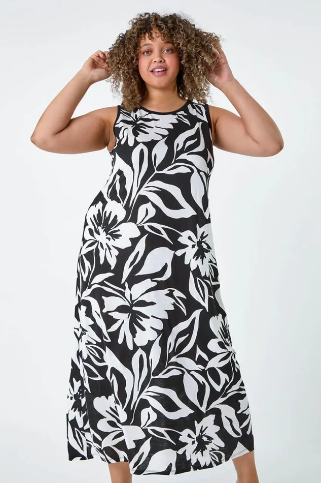 Black Curve Floral Print Stretch Maxi Dress Women Roman Dresses