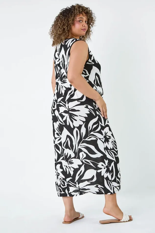Black Curve Floral Print Stretch Maxi Dress Women Roman Dresses
