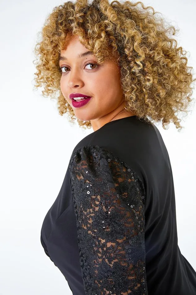 Black Curve Lace Sleeve Stretch Shift Dress Women Roman Dresses