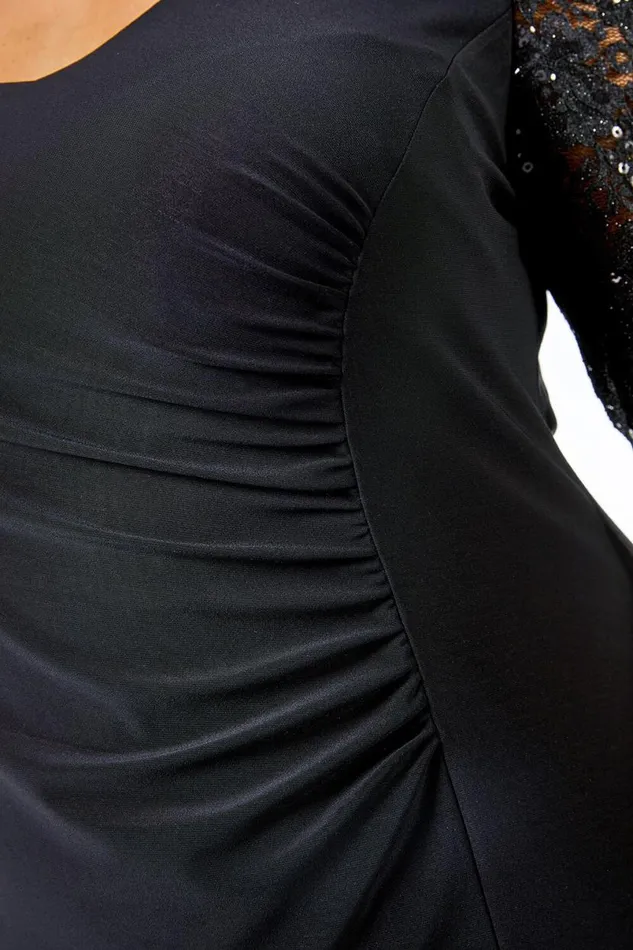 Black Curve Lace Sleeve Stretch Shift Dress Women Roman Dresses