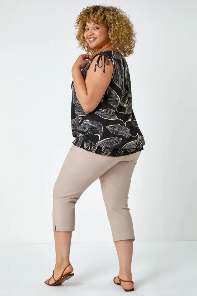 Black Curve Leaf Print VNeck Blouson Top Women Roman Tops