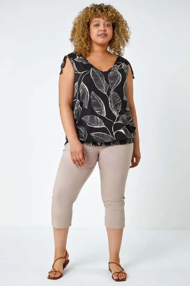 Black Curve Leaf Print VNeck Blouson Top Women Roman Tops