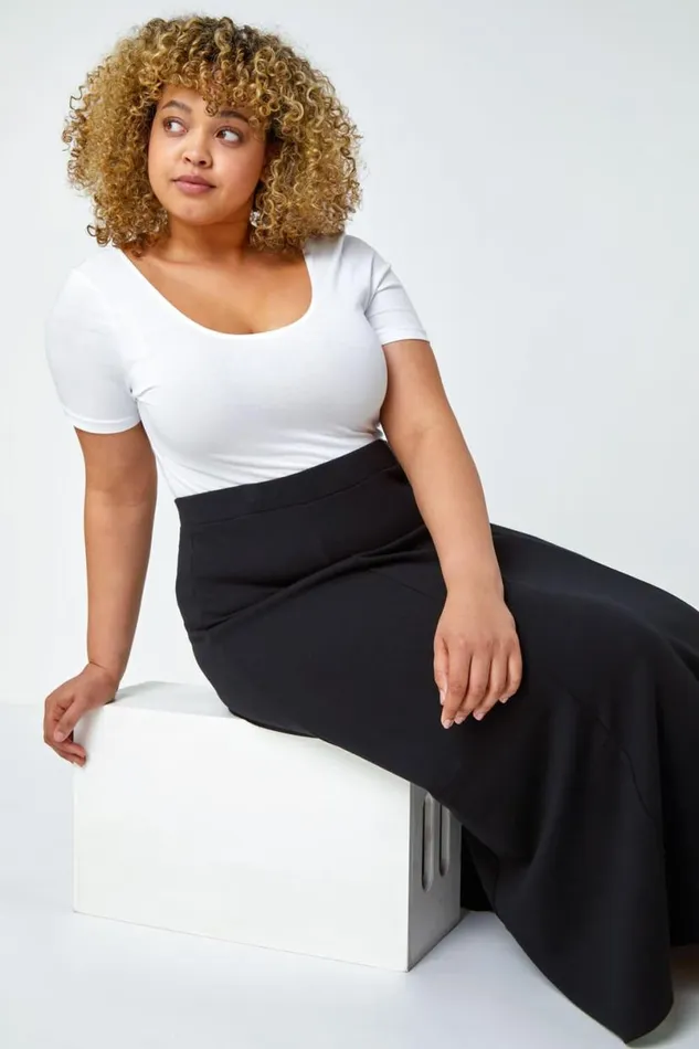 Black Curve Panelled Elastic Waist Midi Skirt Women Roman Skirts