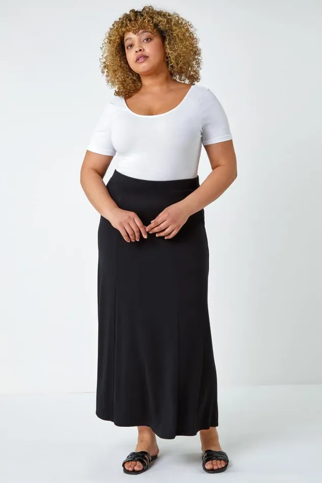 Black Curve Panelled Elastic Waist Midi Skirt Women Roman Skirts