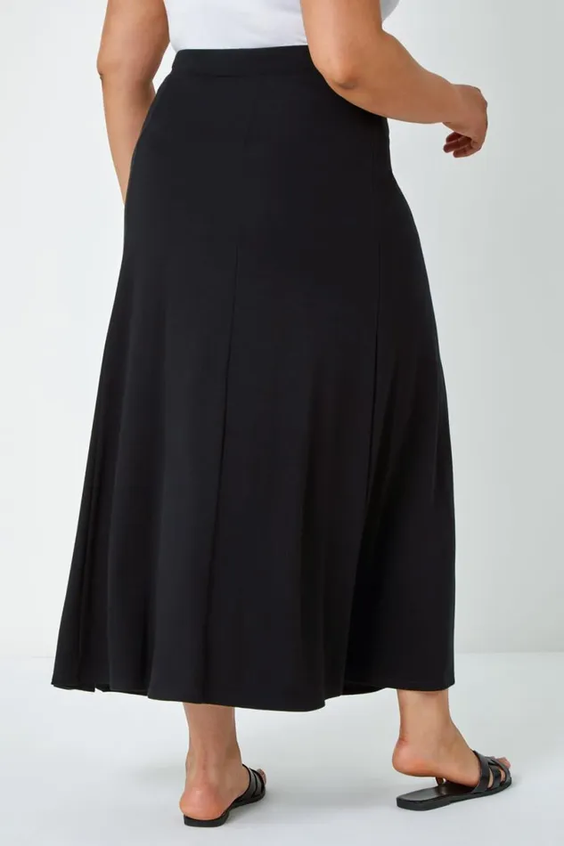 Black Curve Panelled Elastic Waist Midi Skirt Women Roman Skirts