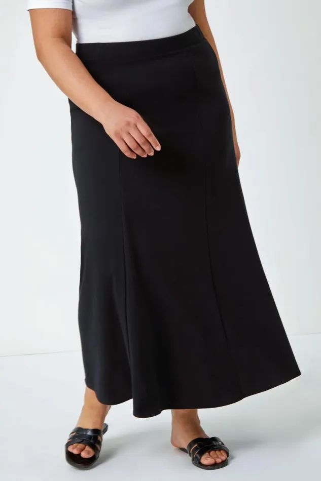Black Curve Panelled Elastic Waist Midi Skirt Women Roman Skirts
