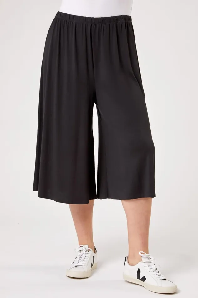 Black Curve Plain Elastic Waist Culotte Trousers Women Roman Trousers