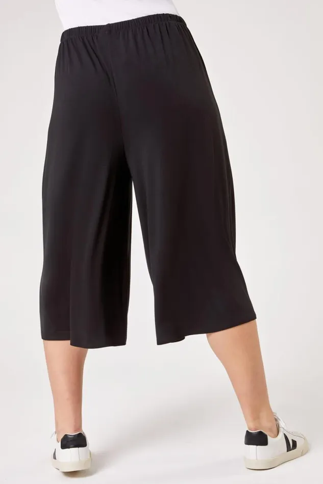Black Curve Plain Elastic Waist Culotte Trousers Women Roman Trousers