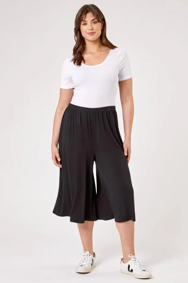 Black Curve Plain Elastic Waist Culotte Trousers Women Roman Trousers