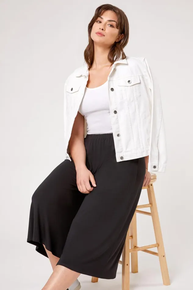 Black Curve Plain Elastic Waist Culotte Trousers Women Roman Trousers