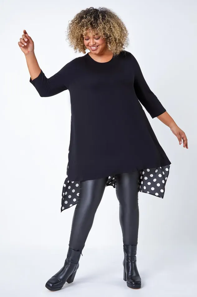 Black Curve Polka Dot Chiffon Stretch Top Women Roman Tops