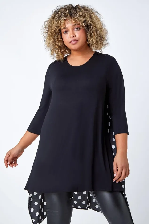Black Curve Polka Dot Chiffon Stretch Top Women Roman Tops