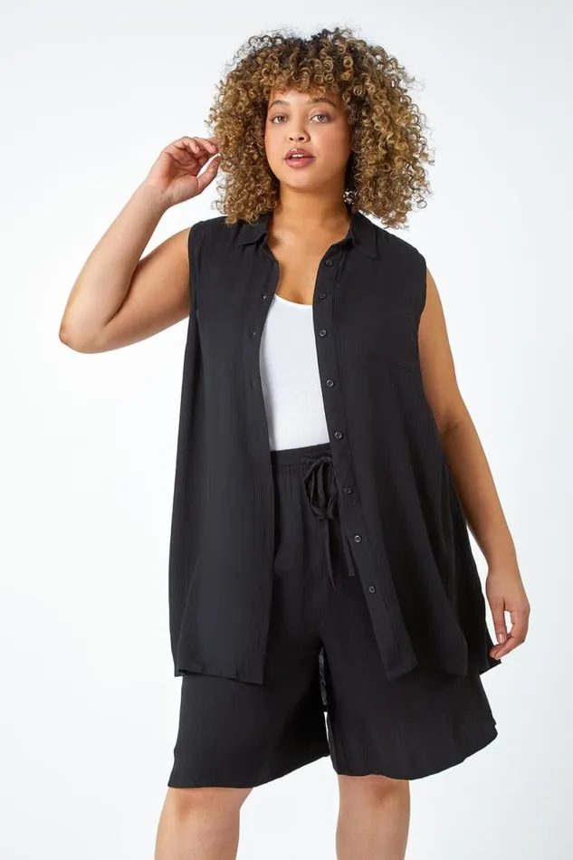 Black Curve Sleeveless Longline Tunic Shirt Women Roman Tops