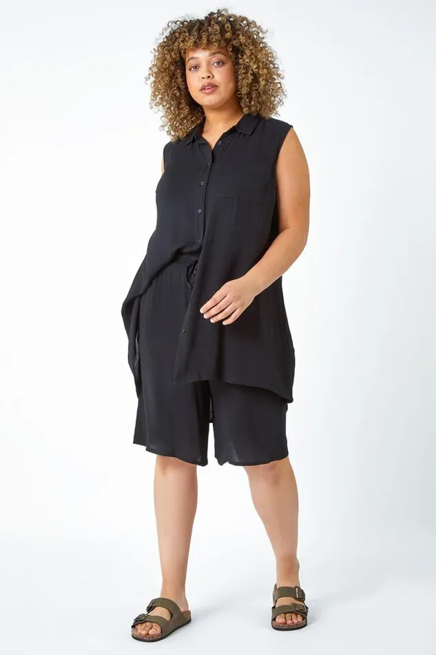Black Curve Sleeveless Longline Tunic Shirt Women Roman Tops