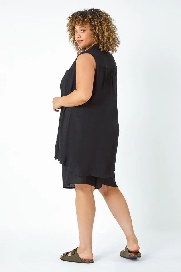 Black Curve Sleeveless Longline Tunic Shirt Women Roman Tops