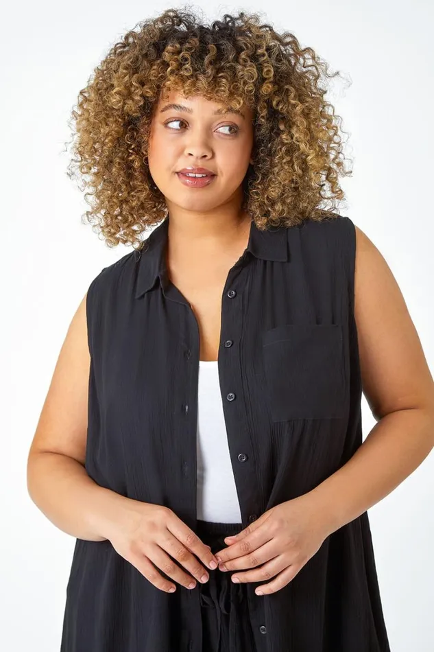 Black Curve Sleeveless Longline Tunic Shirt Women Roman Tops