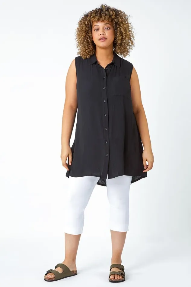 Black Curve Sleeveless Longline Tunic Shirt Women Roman Tops