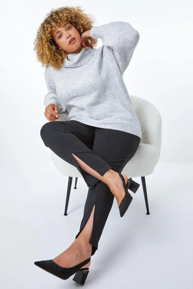 Black Curve Split Hem Stretch Trouser Women Roman Trousers