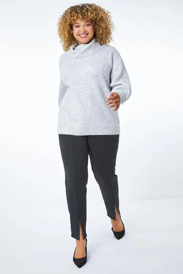 Black Curve Split Hem Stretch Trouser Women Roman Trousers