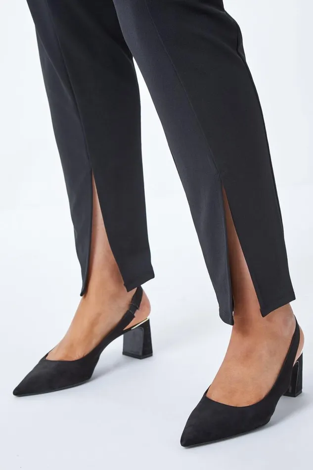 Black Curve Split Hem Stretch Trouser Women Roman Trousers