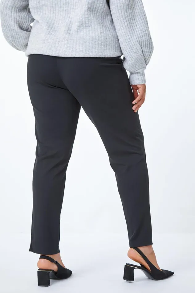 Black Curve Split Hem Stretch Trouser Women Roman Trousers