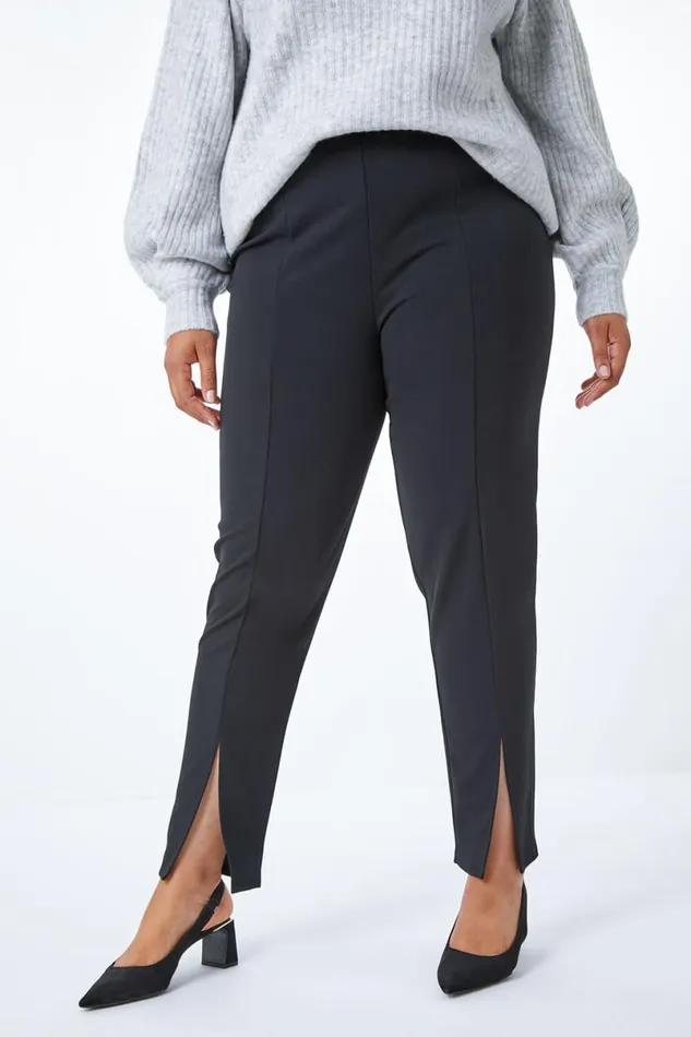 Black Curve Split Hem Stretch Trouser Women Roman Trousers