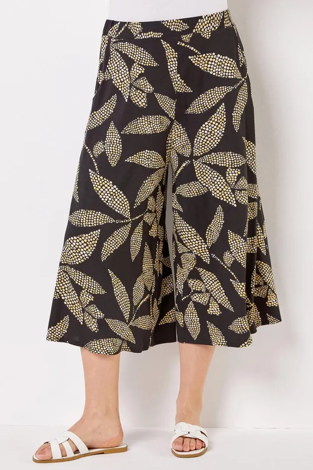 Black Curve Spot Leaf Elastic Waist Culotte Trousers Women Roman Occasionwear