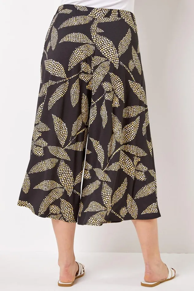 Black Curve Spot Leaf Elastic Waist Culotte Trousers Women Roman Occasionwear