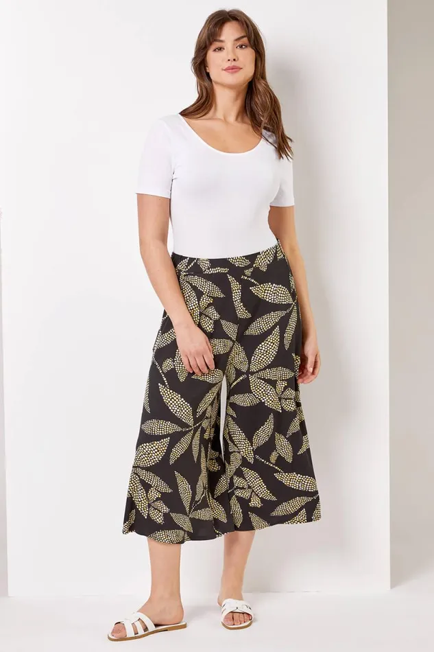Black Curve Spot Leaf Elastic Waist Culotte Trousers Women Roman Occasionwear