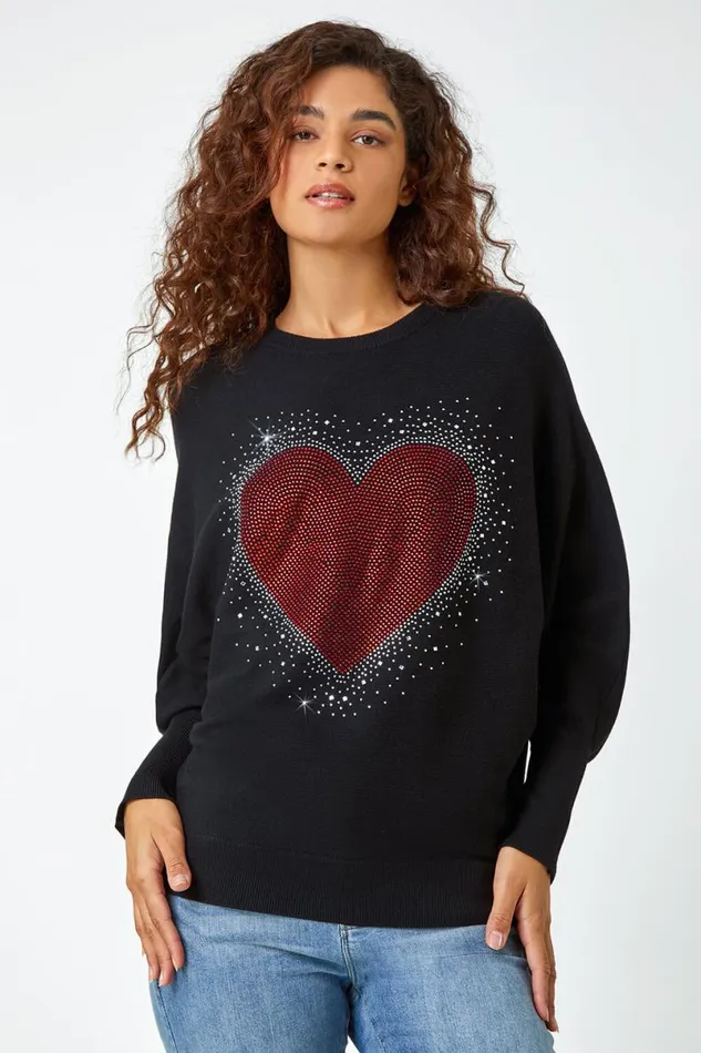 Black Diamante Embellished Heart Print Jumper Women Roman Knitwear