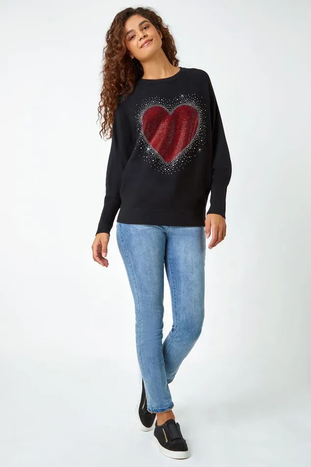 Black Diamante Embellished Heart Print Jumper Women Roman Knitwear