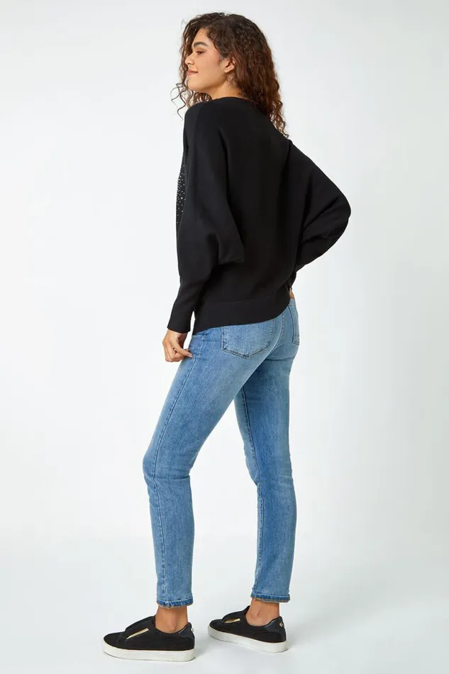 Black Diamante Embellished Heart Print Jumper Women Roman Knitwear