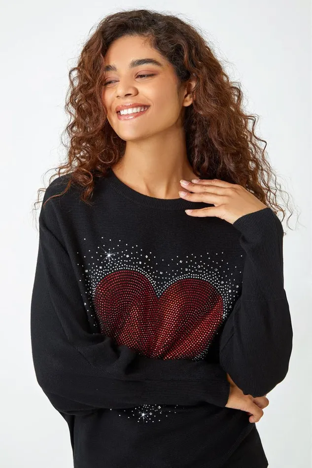 Black Diamante Embellished Heart Print Jumper Women Roman Knitwear