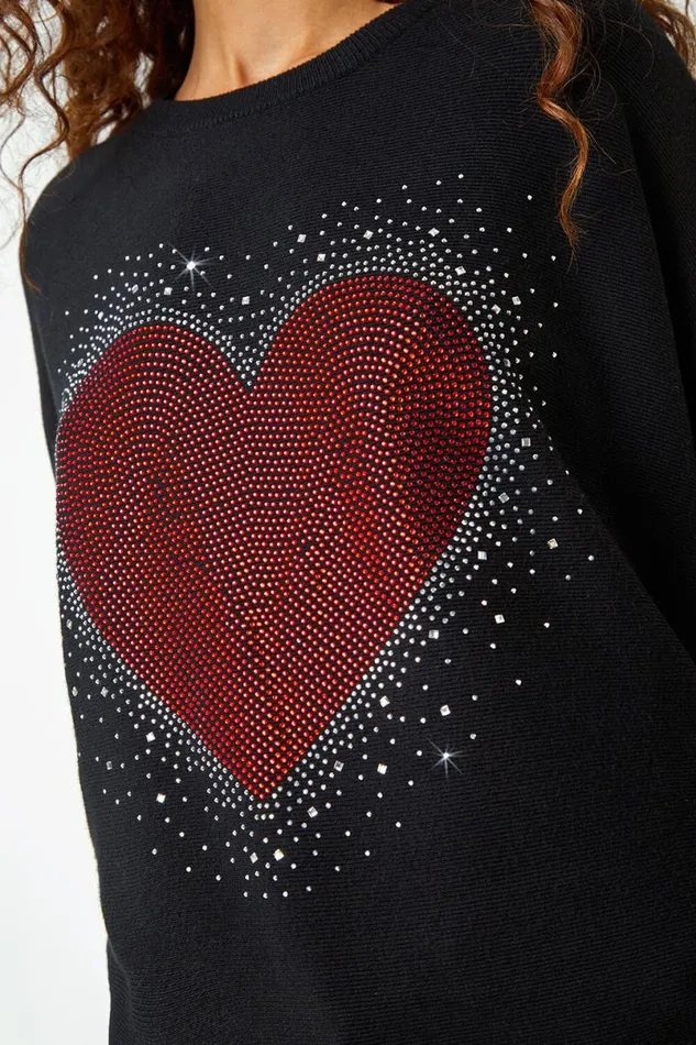 Black Diamante Embellished Heart Print Jumper Women Roman Knitwear
