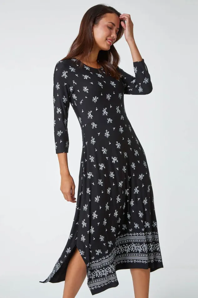 Black Ditsy Border Print Midi Stretch Dress Women Roman Dresses