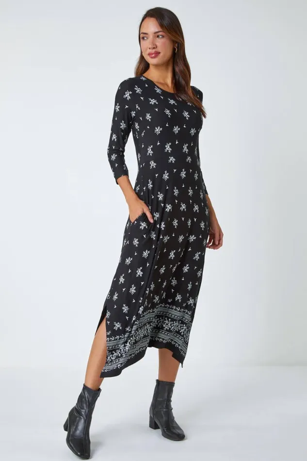 Black Ditsy Border Print Midi Stretch Dress Women Roman Dresses