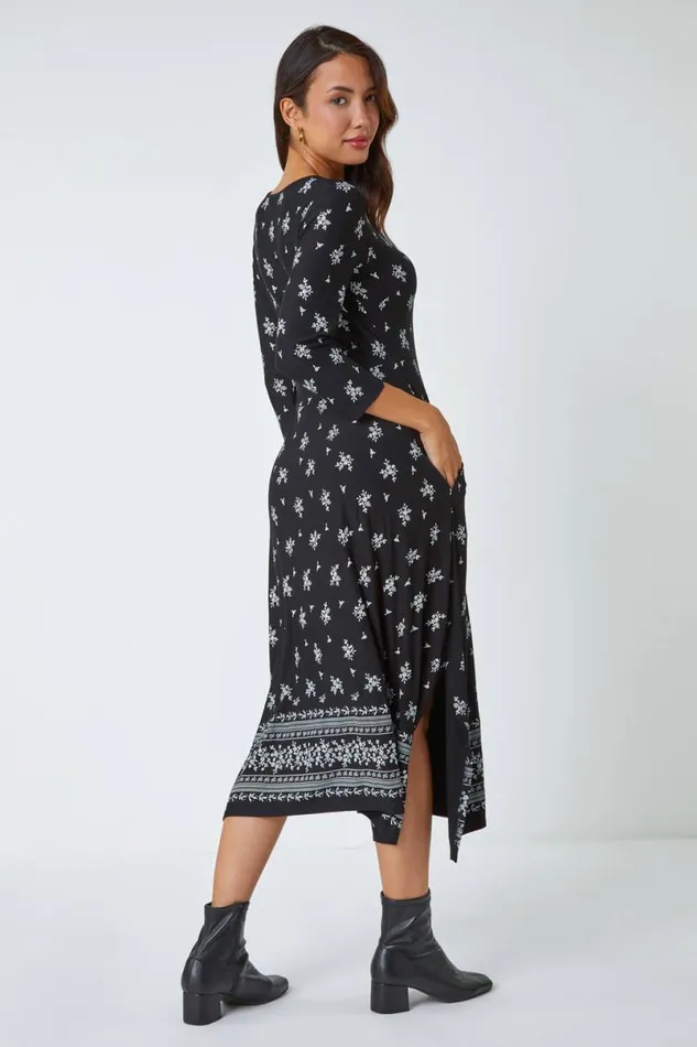 Black Ditsy Border Print Midi Stretch Dress Women Roman Dresses