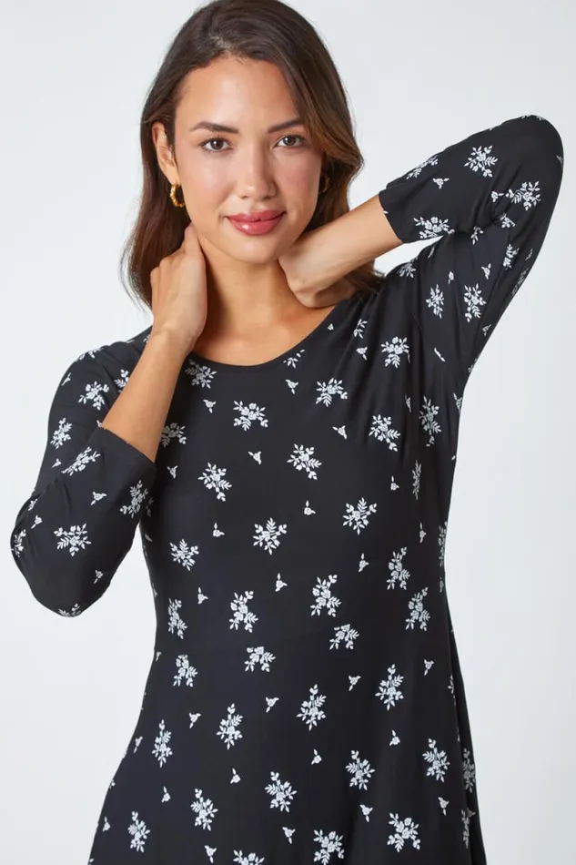 Black Ditsy Border Print Midi Stretch Dress Women Roman Dresses