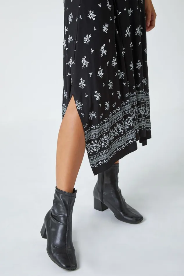 Black Ditsy Border Print Midi Stretch Dress Women Roman Dresses