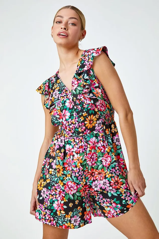 Black Ditsy Floral Print Frill Playsuit Women Roman Dresses