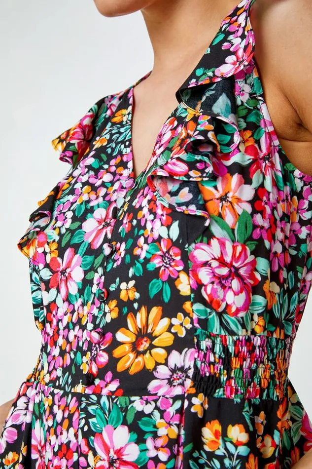 Black Ditsy Floral Print Frill Playsuit Women Roman Dresses