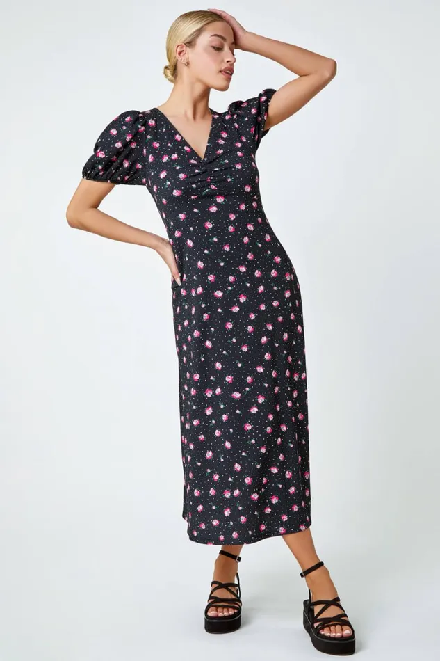 Black Ditsy Floral Print Lace Back Midi Dress Women Roman Dresses