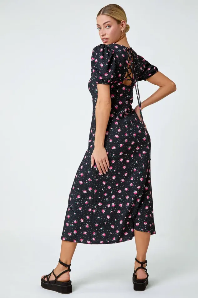 Black Ditsy Floral Print Lace Back Midi Dress Women Roman Dresses