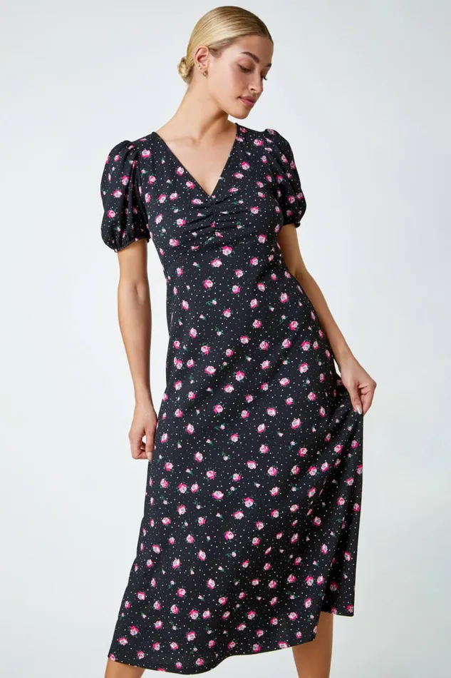 Black Ditsy Floral Print Lace Back Midi Dress Women Roman Dresses